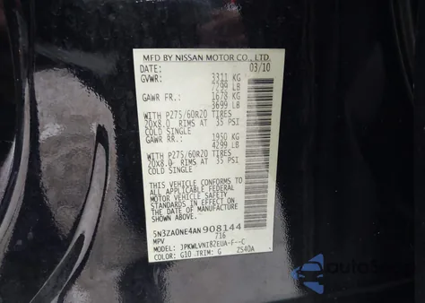 2010 Infiniti Qx56 z USA, uszkodzony, nr VIN 5N3ZA0NE4AN908144